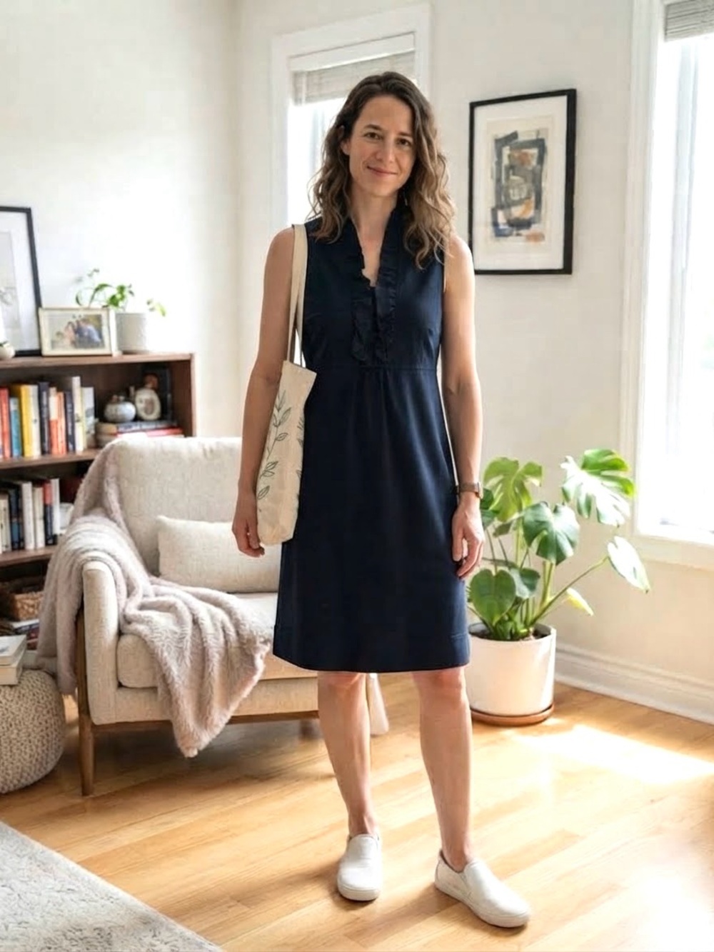 cleo Navy Blue Sleeveless Ruffle V-Neck Dress